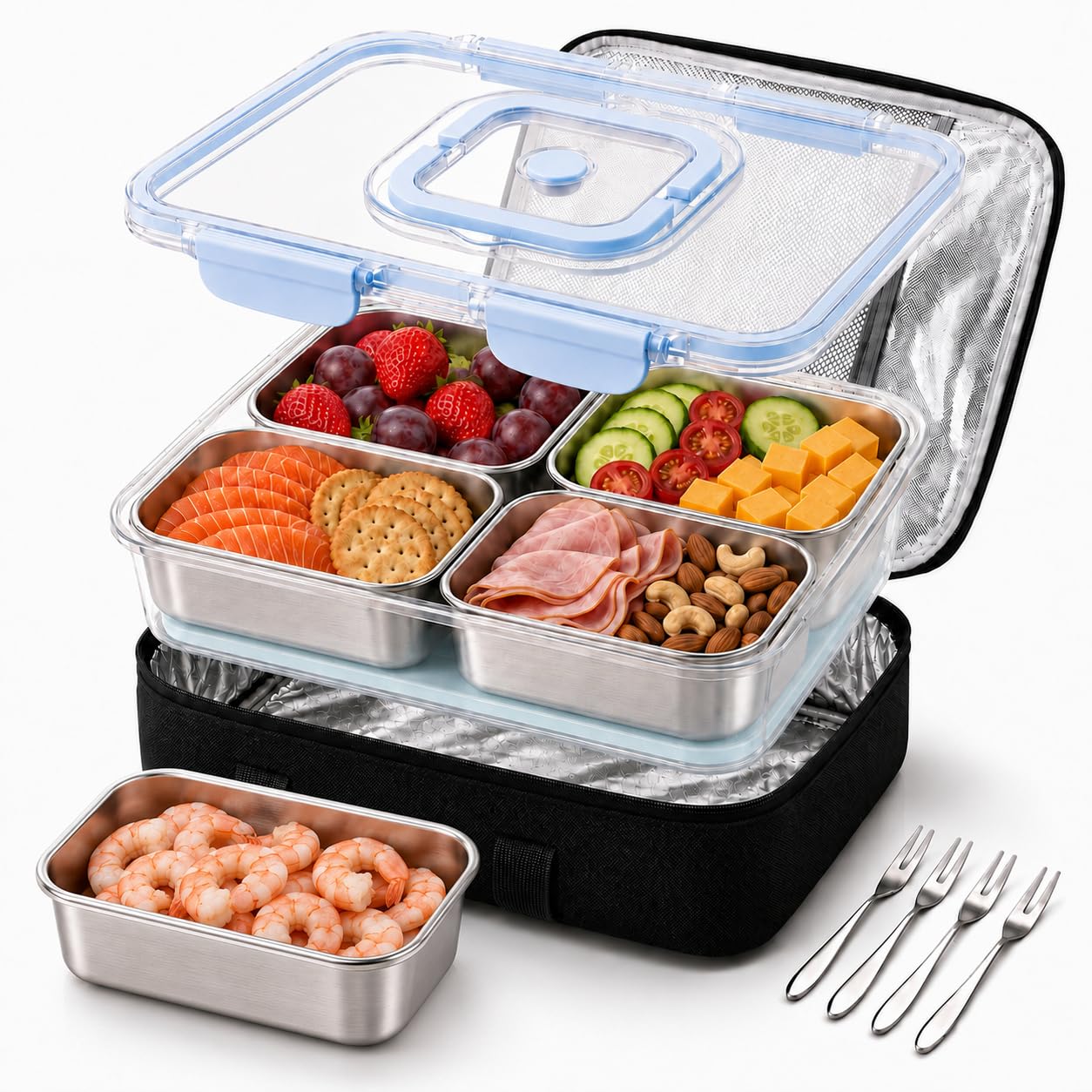 Snackbox mit Fächern Edelstahl & Kühlakku, 8 Herausnehmbare 304-Edelstahlbecher mit Deckeln, Isoliertasche, Spülmaschinenfest, für Kinder, Sport, Roadtrips, Strand & Picknick