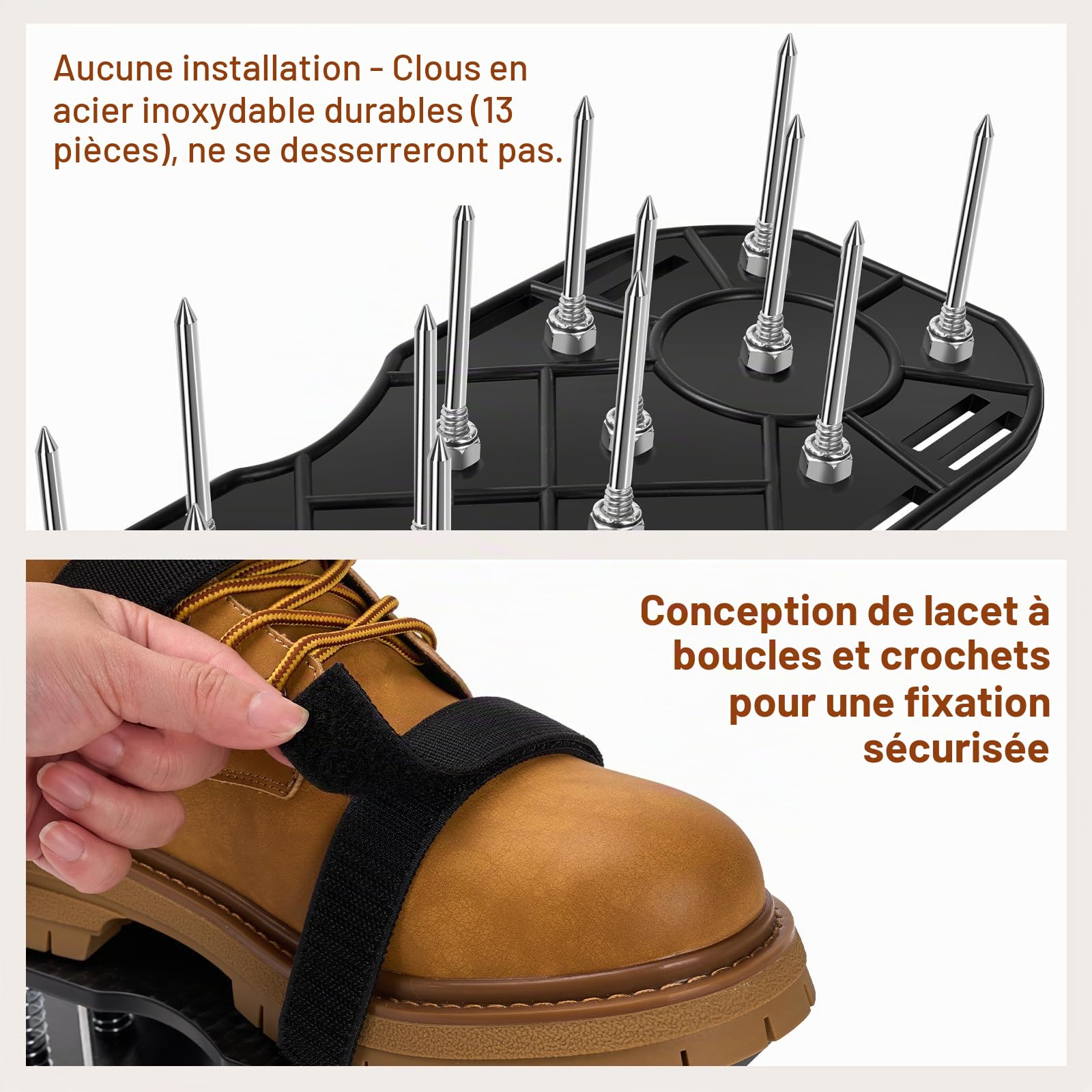 Aérateur Pelouse Chaussures, Scarificateur Gazon Préinstallés, Double Couche, Clous Longs et Sangles Réglage à Fermeture, Durables et Autonettoyantes pour Terrasses Jardin Sol Pelouses