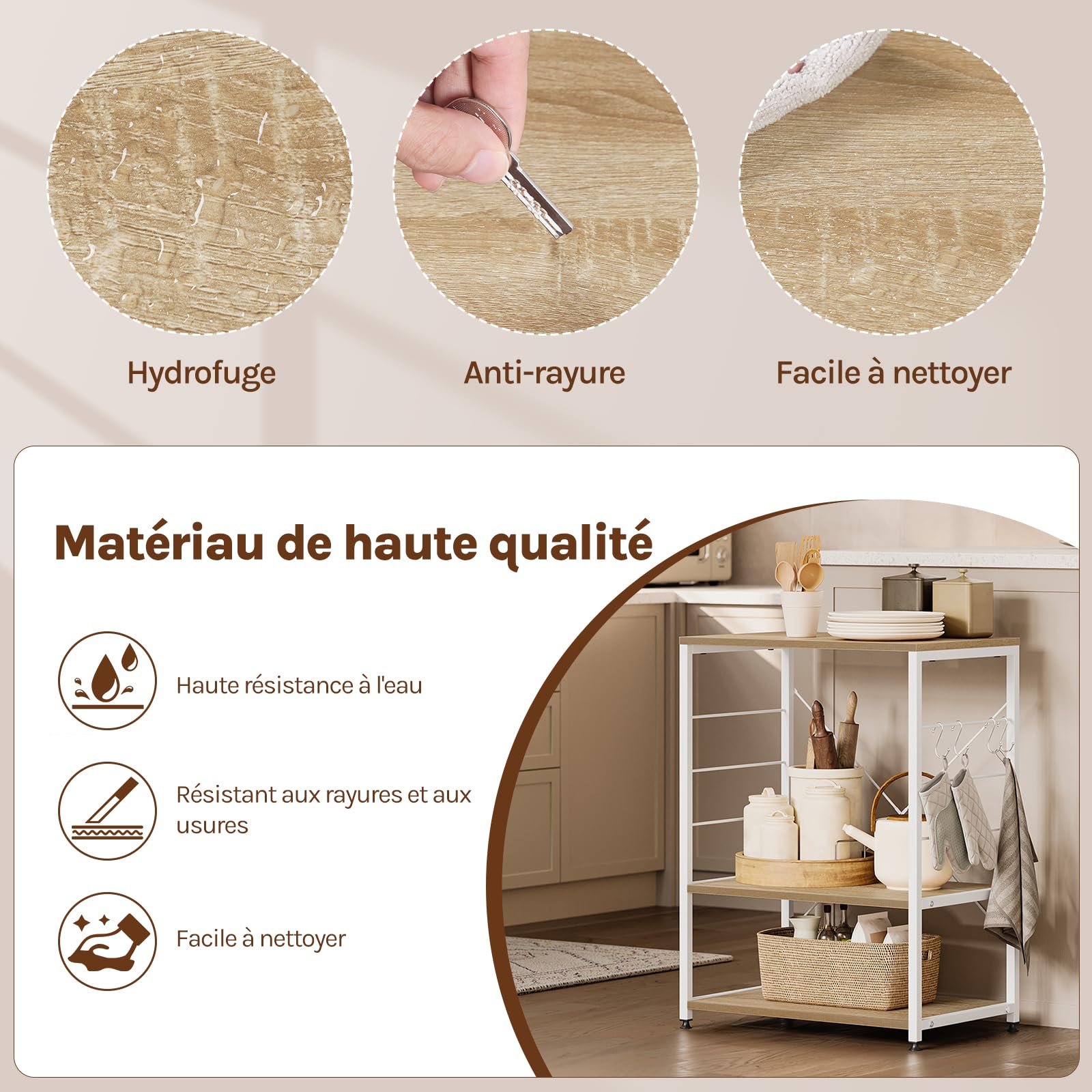 WOLTU Étagère de Cuisine Étagère de Micro-Ondes en métal et Bois,Environ 60 x 40 x 82 cm,Blanc + chêne Clair