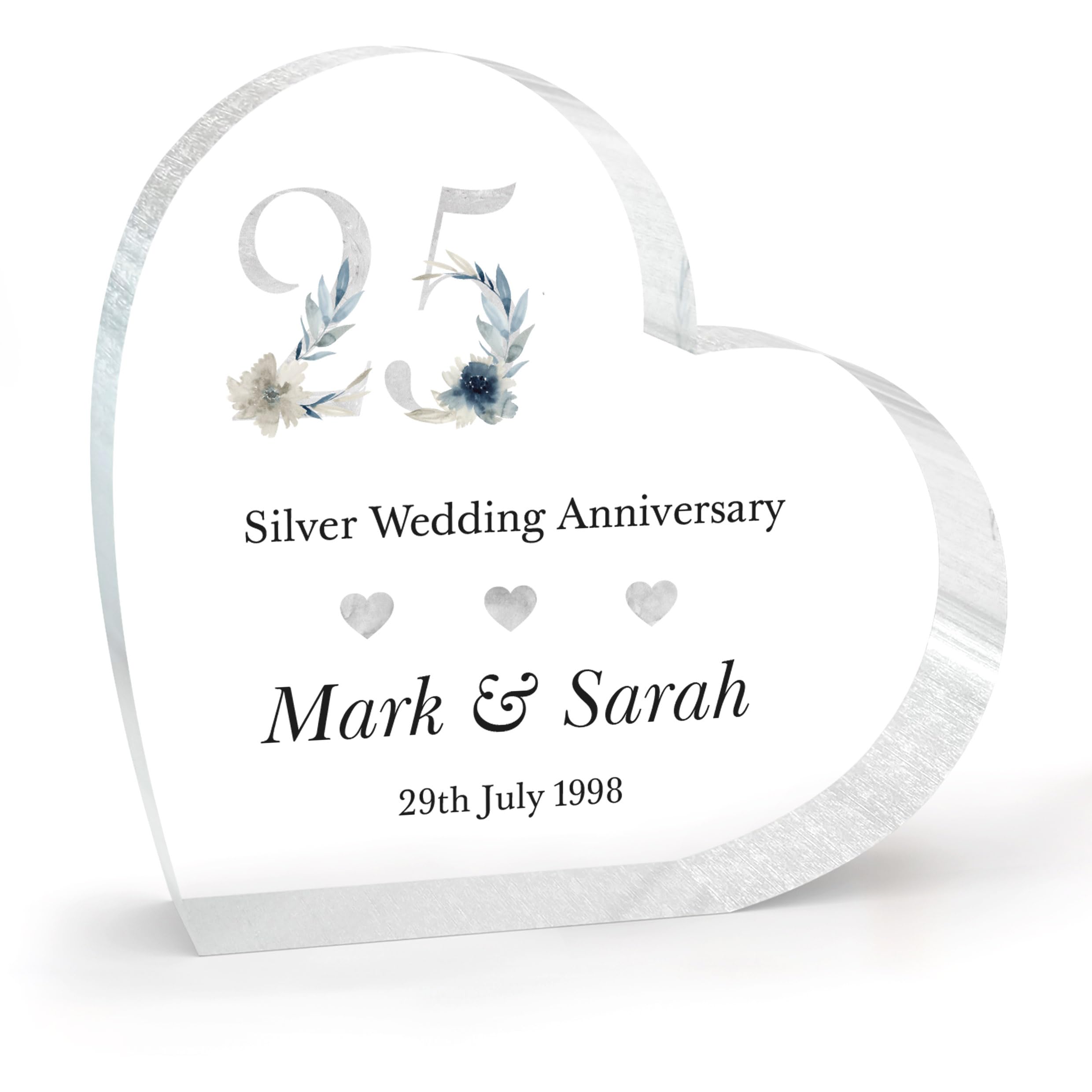 Beecreative Personalised Silver Wedding Anniversary Gift For Him Her Husband Wife - 25th Anniversary Gift For Couples - 25 Years Anniversary Gift - Heart Shape Keepsake With Grey Bag