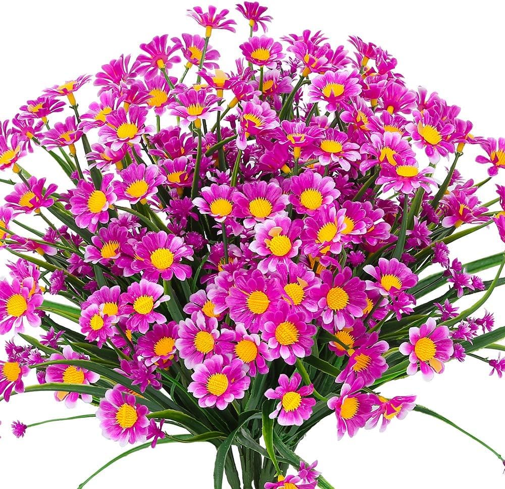 Dekorly Bundles Outdoor Artificial Daisies Fake Flowers UV Resistant Plants, Faux Plastic Greenery for Indoor Hanging Plants Garden Porch Window Box Home Wedding Farmhouse Decor (Set of 2, Magenta)