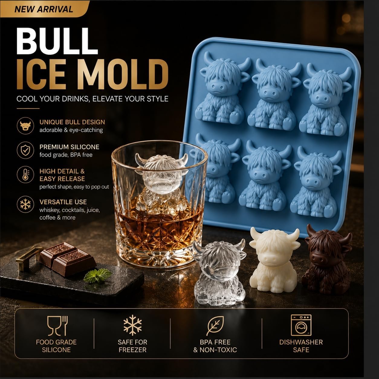 2PCS 3D Highland Cow Ice Cube Mold for Drinks, Candy, Baking, Butter & Soap