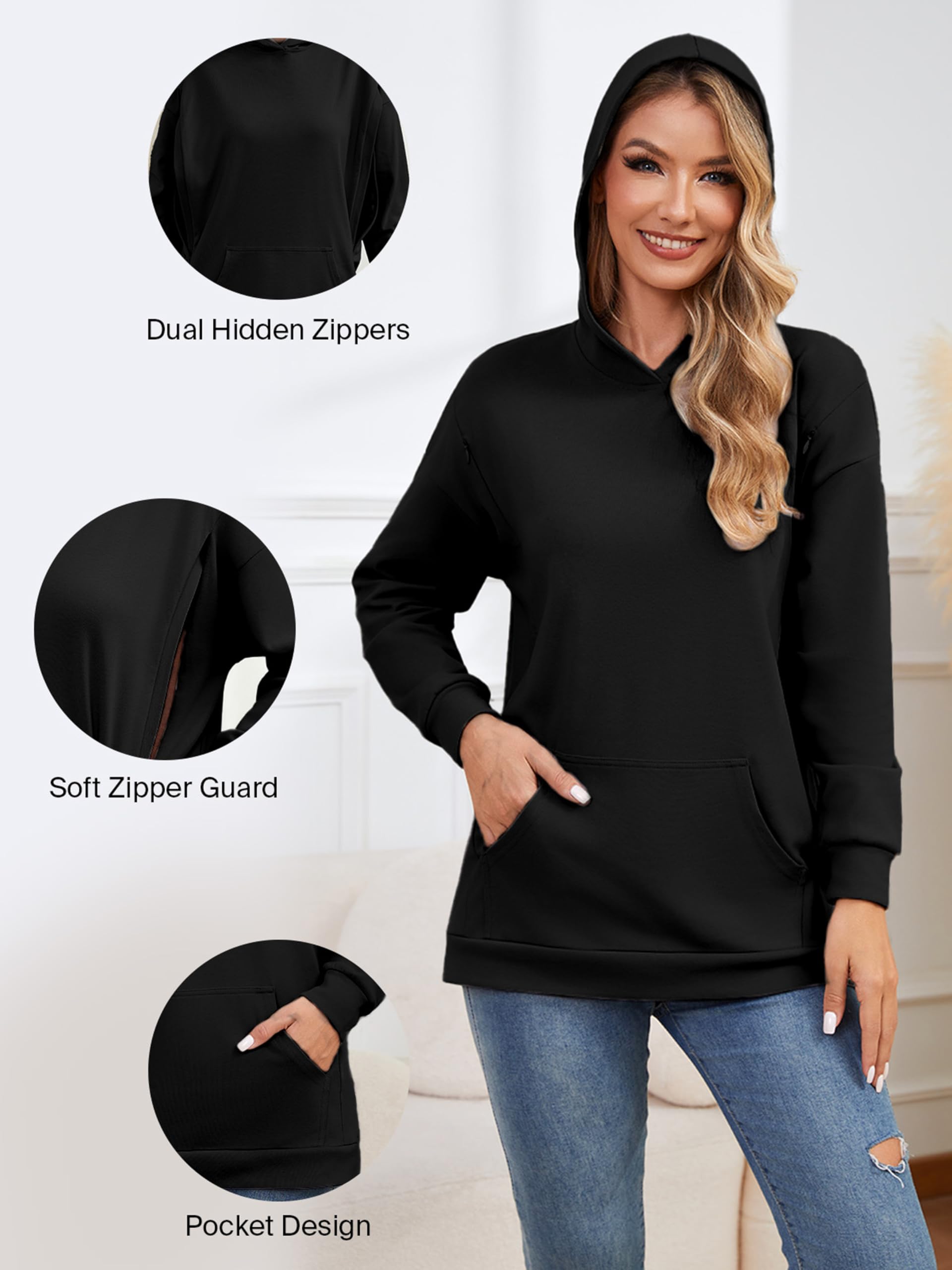 Ecavus Damen Umstands-Still-Sweatshirt mit verstecktem Reißverschluss, lange Ärmel, Übergröße