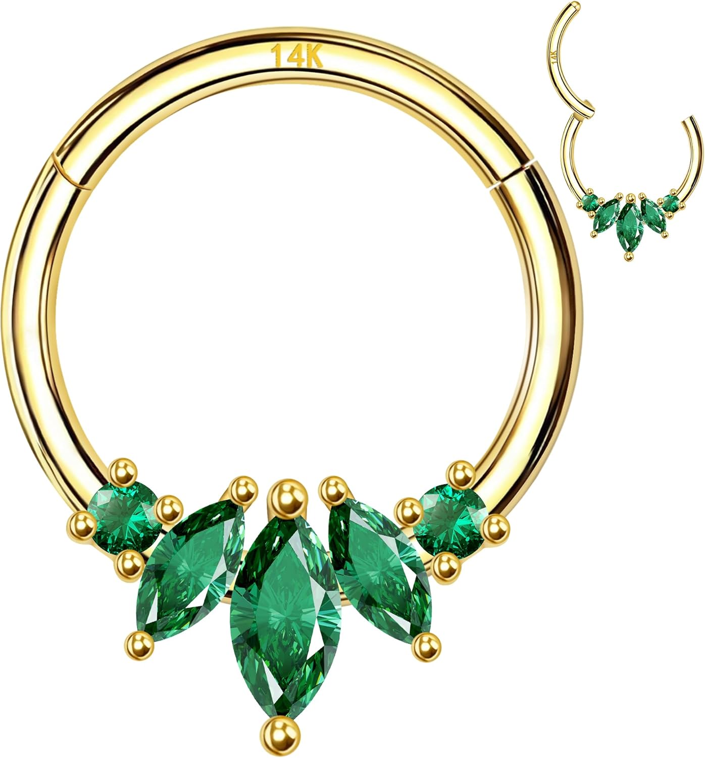 14k Gold Cartilage Earring 16G Green CZ Nose Rings Stud 8mm Emerald CZ Septum Ring Tragus Piercing Jewelry Helix Conch Earring Piercing Hoop