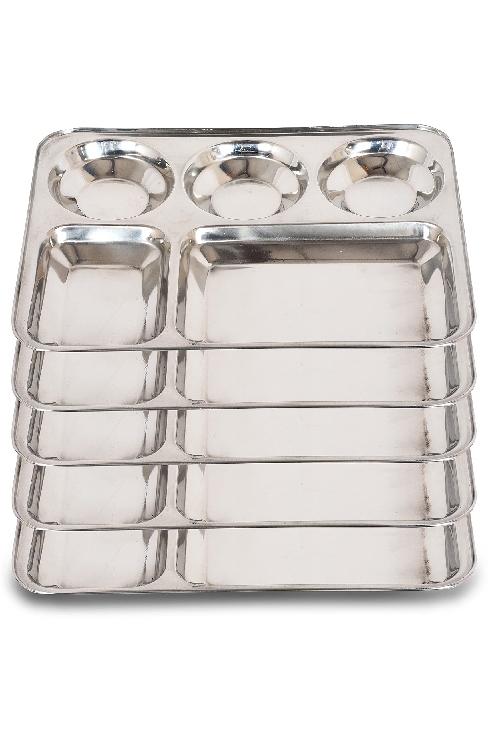 OBLETTER Stainless Steel Divided Plates/Compartment Trays Oblong 5-Section Mini Mess Trays, Great Size for Lunches, Kids, Portion Control, Camping & More (Set of 5)