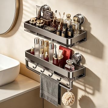 Suction Cup Shower Caddy,No Drilling, Rectangular, Grey,2-Pack