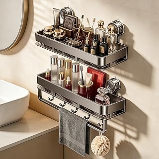 Suction Cup Shower Caddy,No Drilling, Rectangular, Grey,2-Pack
