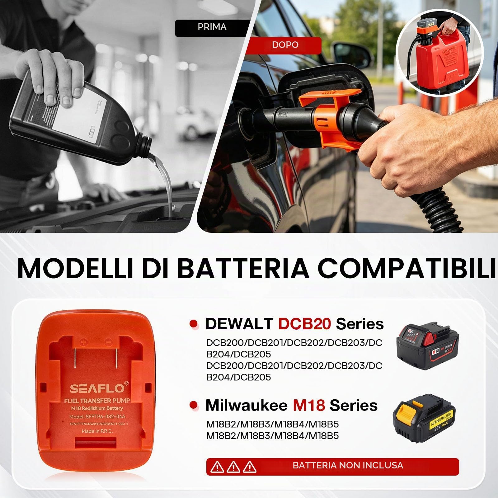 Pompa di trasferimento carburante con sensore auto-stop, pompa benzina elettrica ricaricabile, pompa gasolio portatile, 3 adattatori, pompa multiuso per benzina gasolio olio, Arancione