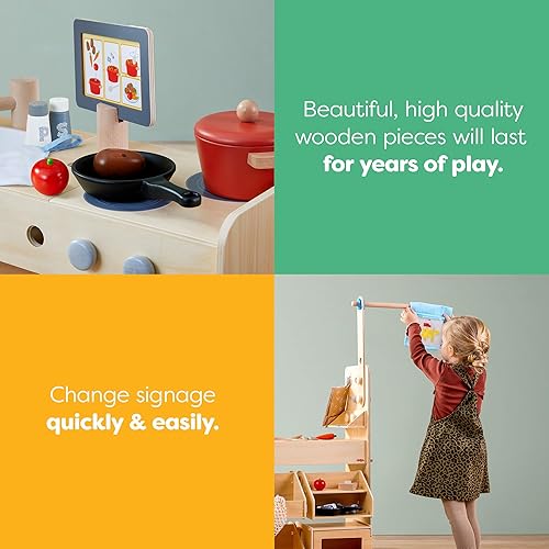 Miniatura 8 de HABA Creative Play 3 en 1 juego de cocina de madera para niños, juego de tienda de comestibles para niños y banco de herramientas para niños,