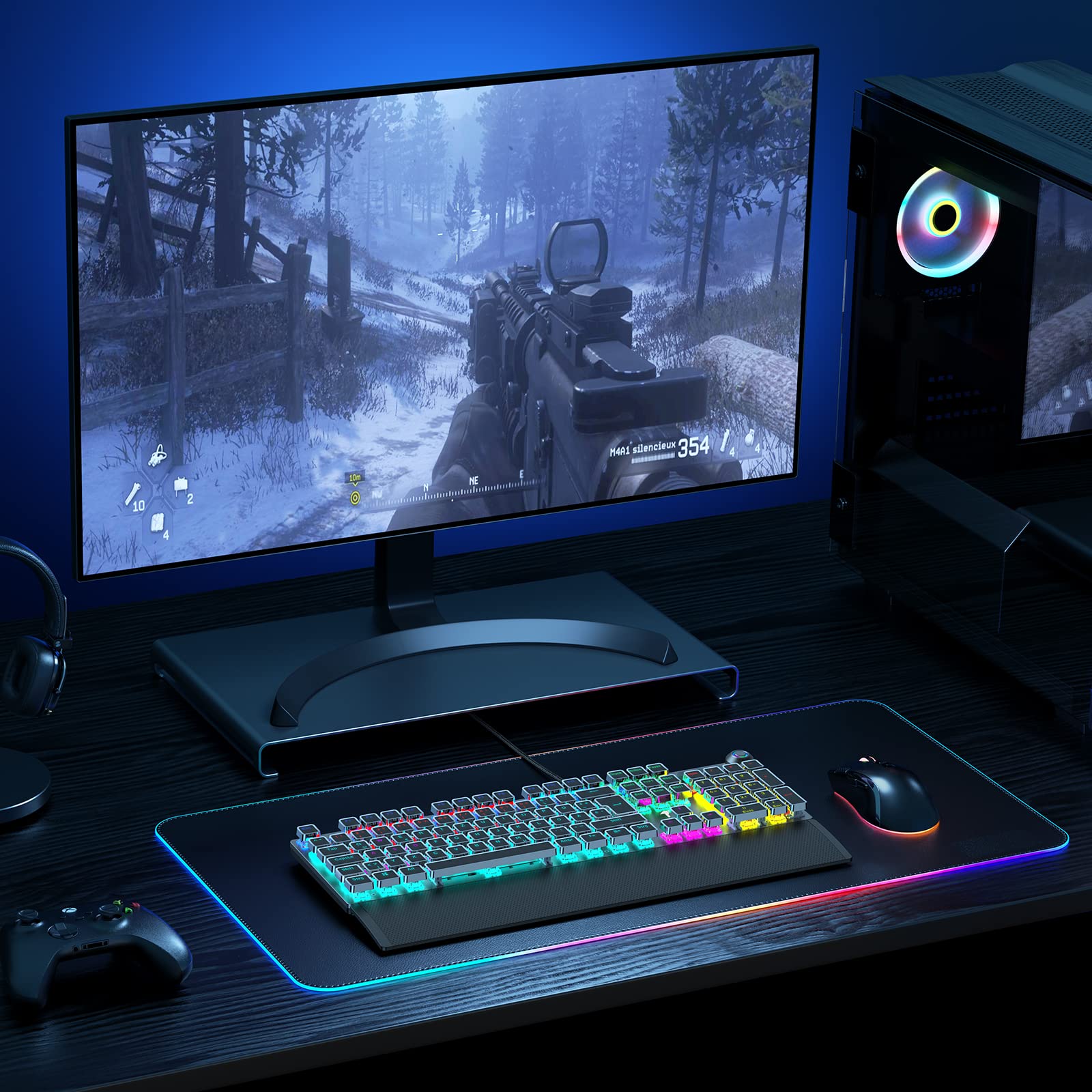 TECURS Tastiera meccanica da gioco con poggiapolsi magnetico e interruttori rossi, tastiera illuminata QWERTZ cablata, 105 tasti con anti-ghosting e manopola multimediale per PC/PS5/PS4