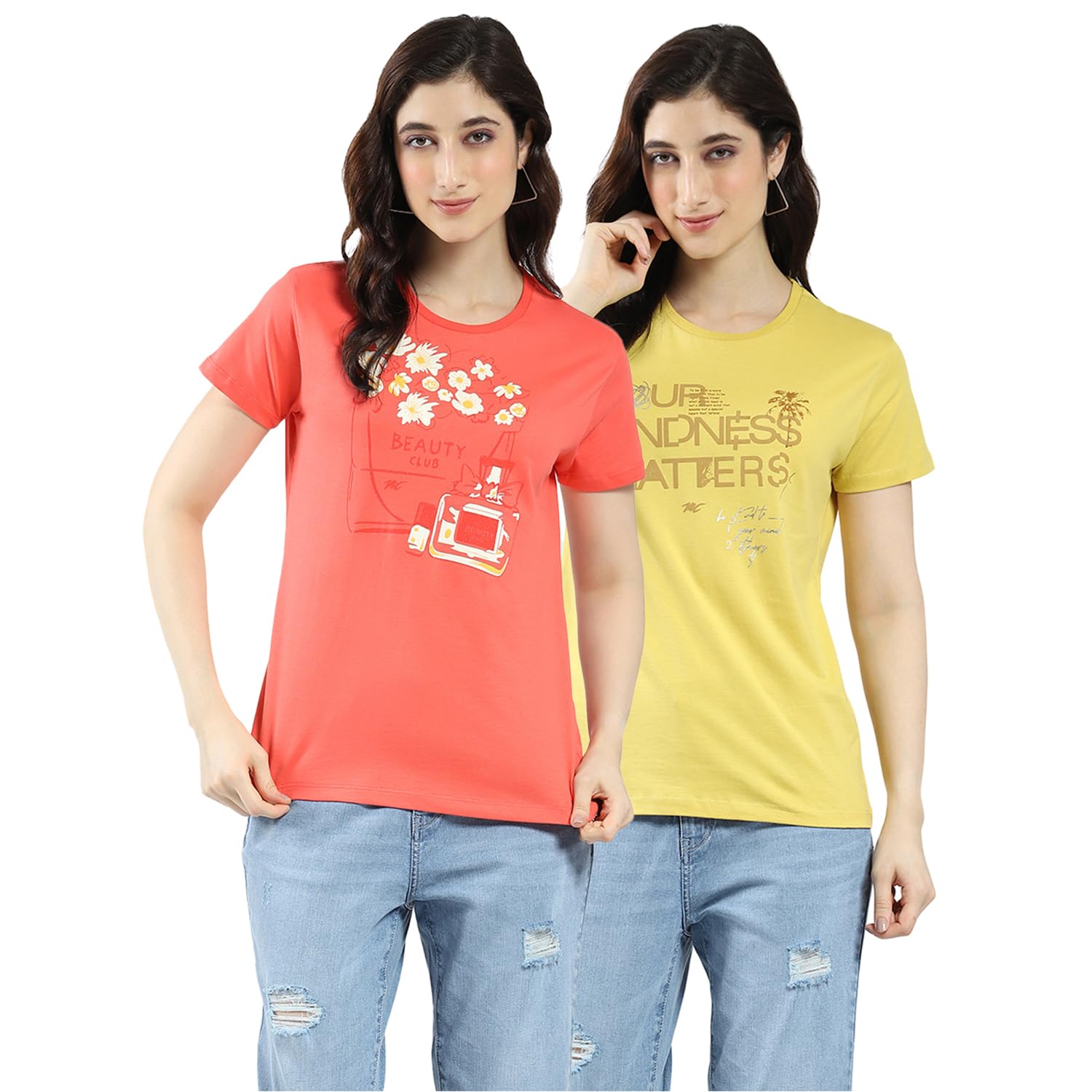 monte carlo Women Regular Fit T-Shirt | Printed Pattern | Half Sleeve Round Neck Cotton Tees for Women | Casual Wear Combo Tee for Women's Coral &-picture-10