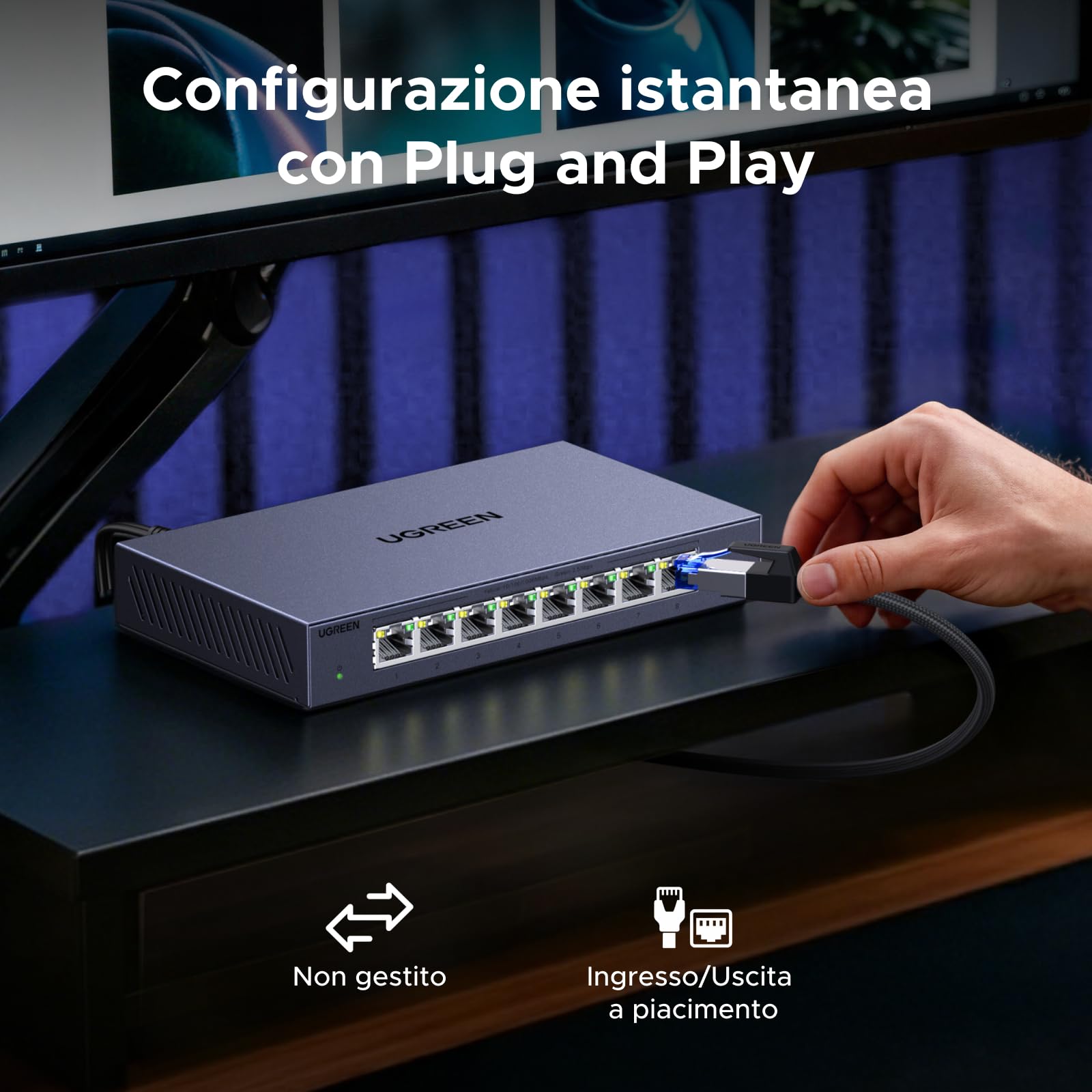 UGREEN Switch Ethernet 2.5G 8 Porte Duplex Plug and Play Non Gestito | Hub RJ45 100/1000/2500Mbps per PC NAS Server Router Monitor Console di Gioco Video 4K/8K