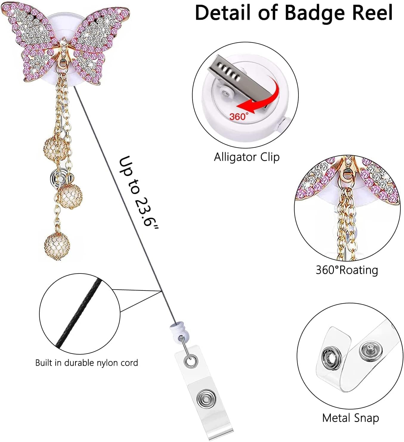 Crystal Pink Butterfly Rhinestones Retractable Badge Reel - Image 4