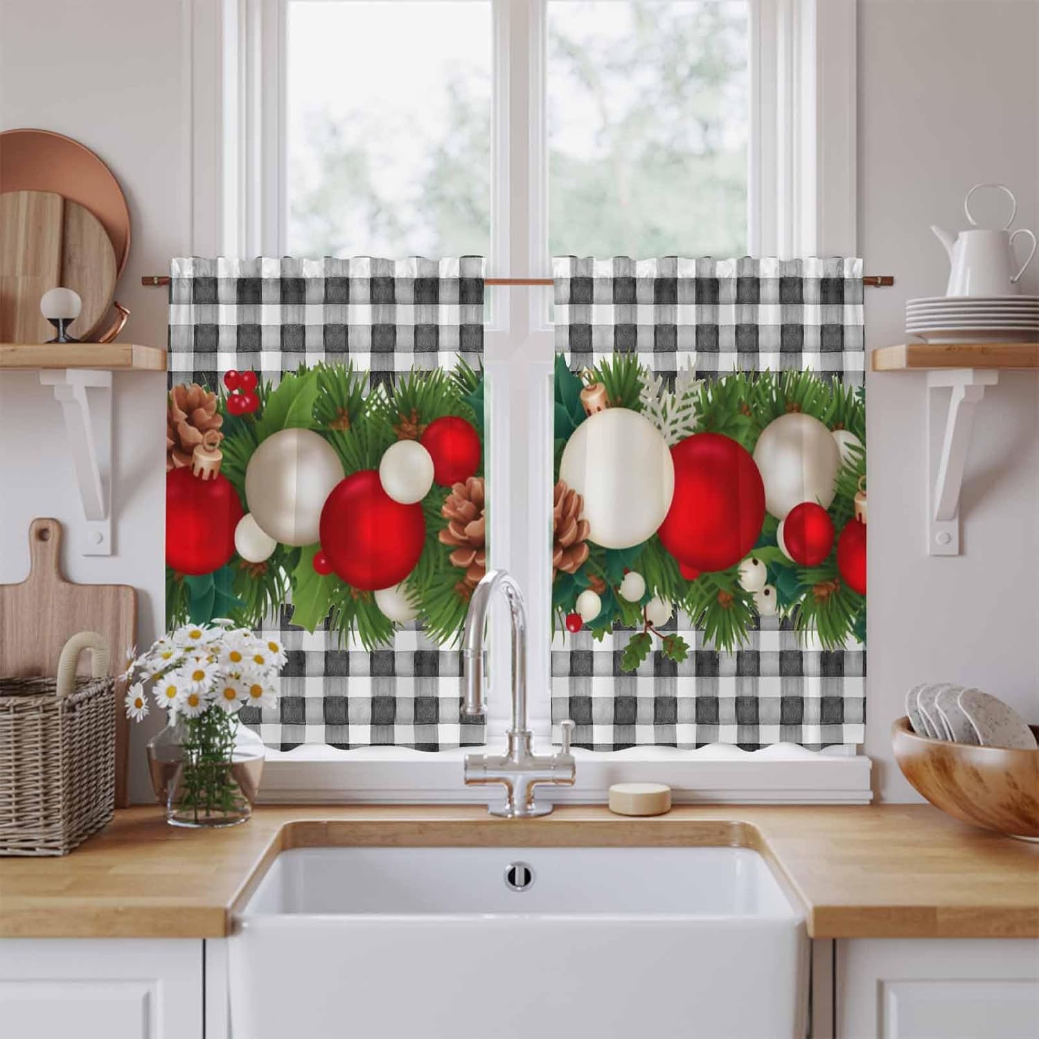 Christmas Kitchen Curtains, Red White Ball Pine Cones Needles Grey Plaid Light Filtering Window Curtain Panels, 2Pcs Rod Pocket Window Treatments Set for Cabin Bathroom Bedroom 52x45 Inches