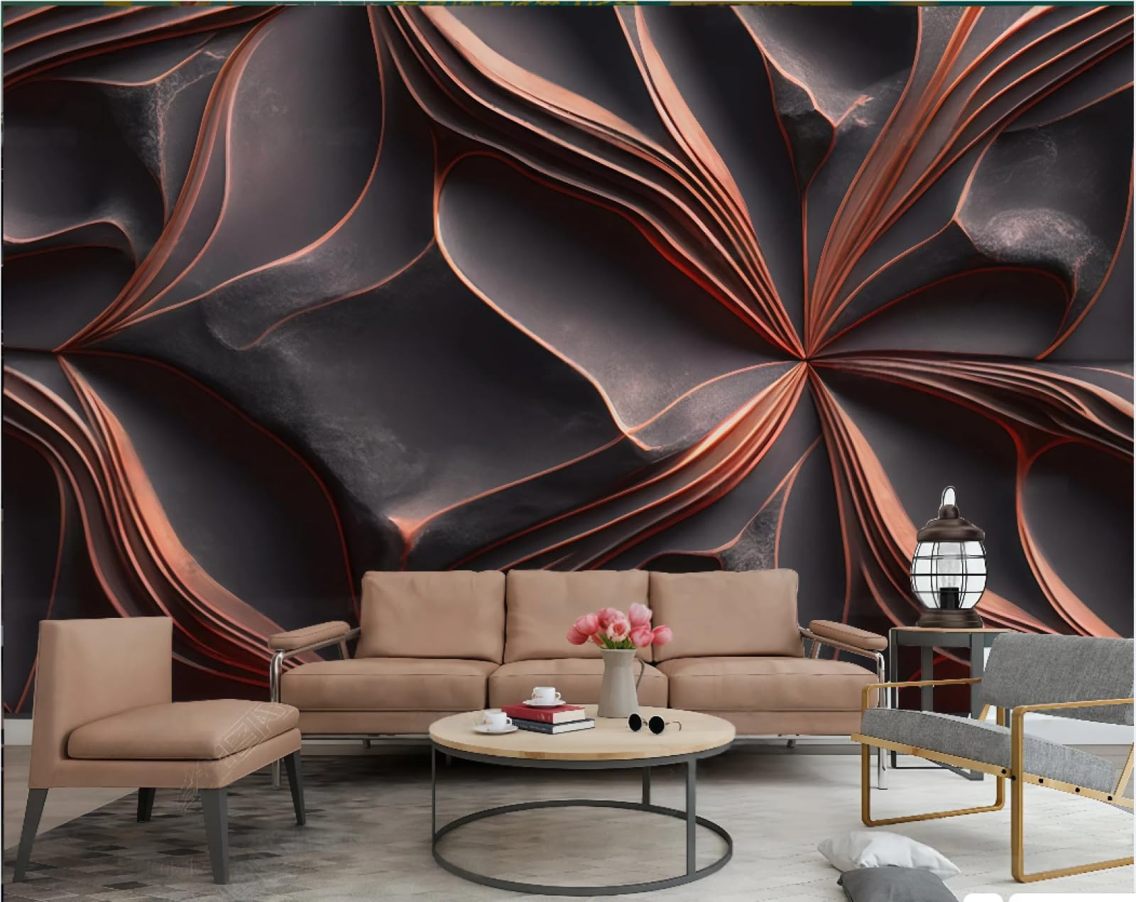 Tapeta Trójwymiarowa Abstrakcyjna Linia Różowe Złoto Kwiat Tekstura Tłoczona Szary Piaskowy Marmur TV Sofa Tło Ściana Salon Restauracja Kawiarnia Mural, 3D, 250 x 175 cm