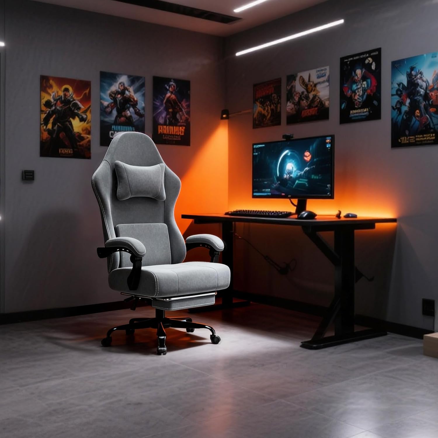 Sedia da Gaming, Sedia Gamer con Supporto Lombare Massaggiante e Poggiapiedi, Sedia da Ufficio in Tessuto Regolabile in Altezza con Imbottitura a Molle Insacchettate (Tessuto, Grigio chiaro) Grigio Chiaro Tessuto