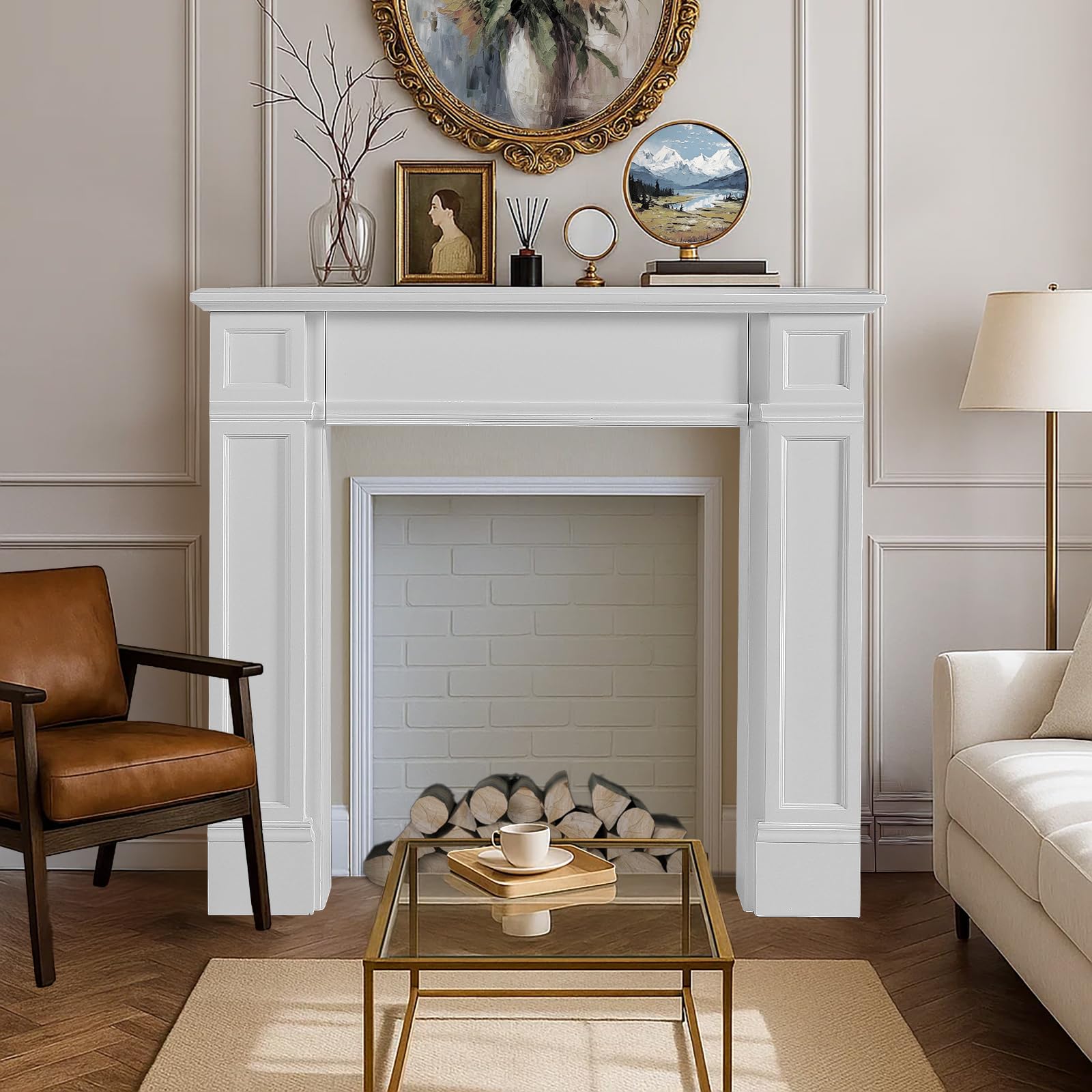 Modern Fireplace Mantel Surround, White Freestanding Surround Mantel for Electric Fireplaces, Premium MDF Wooden Mantel with Leg for Living Room, Waterproof &amp; Anti-Tipping