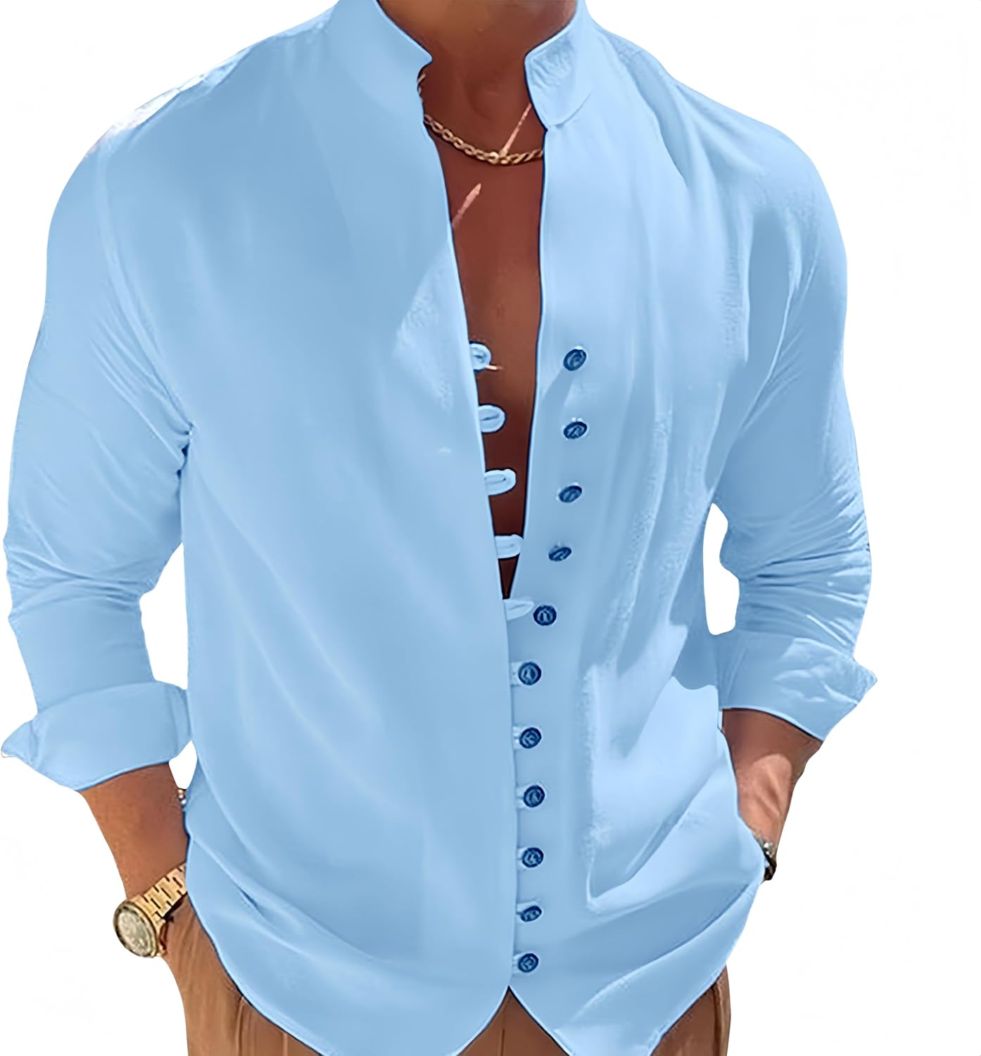 Mens Dressy Casual Button Down Shirts Solid Color Cotton Blend Long Sleeve Summer Vacation Shirt Tops