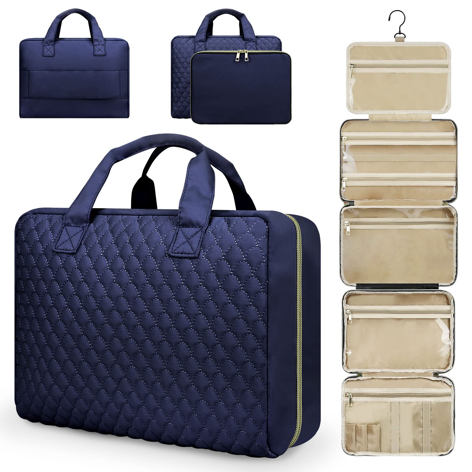 UROPHYLLA3-In-1 Detachable Hanging Travel Toiletry Bag, Large Capacity 5 Sections Makeup Cosmetic Bag with Luggage Belt, Waterproof Clear Compartment, Full-Sized Travel Organizer for Women (Blue, Large)