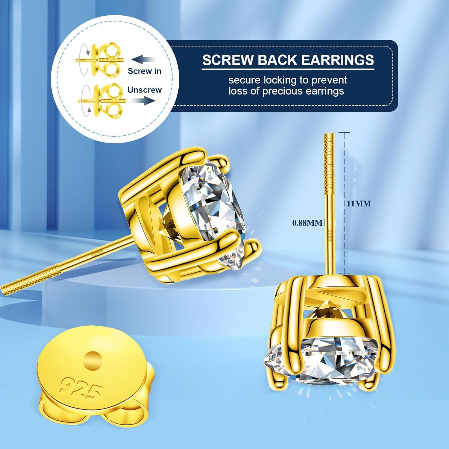 TUHE Moissanite Stud Earrings Lab Created Imitation Diamond Earrings Screw Back 18k Gold Plated S925 Sterling Silver Hypoallergenic D Color VVS1 Clarity Round 0.2-8ct Moissanite Earrings for Women Men - Image 4