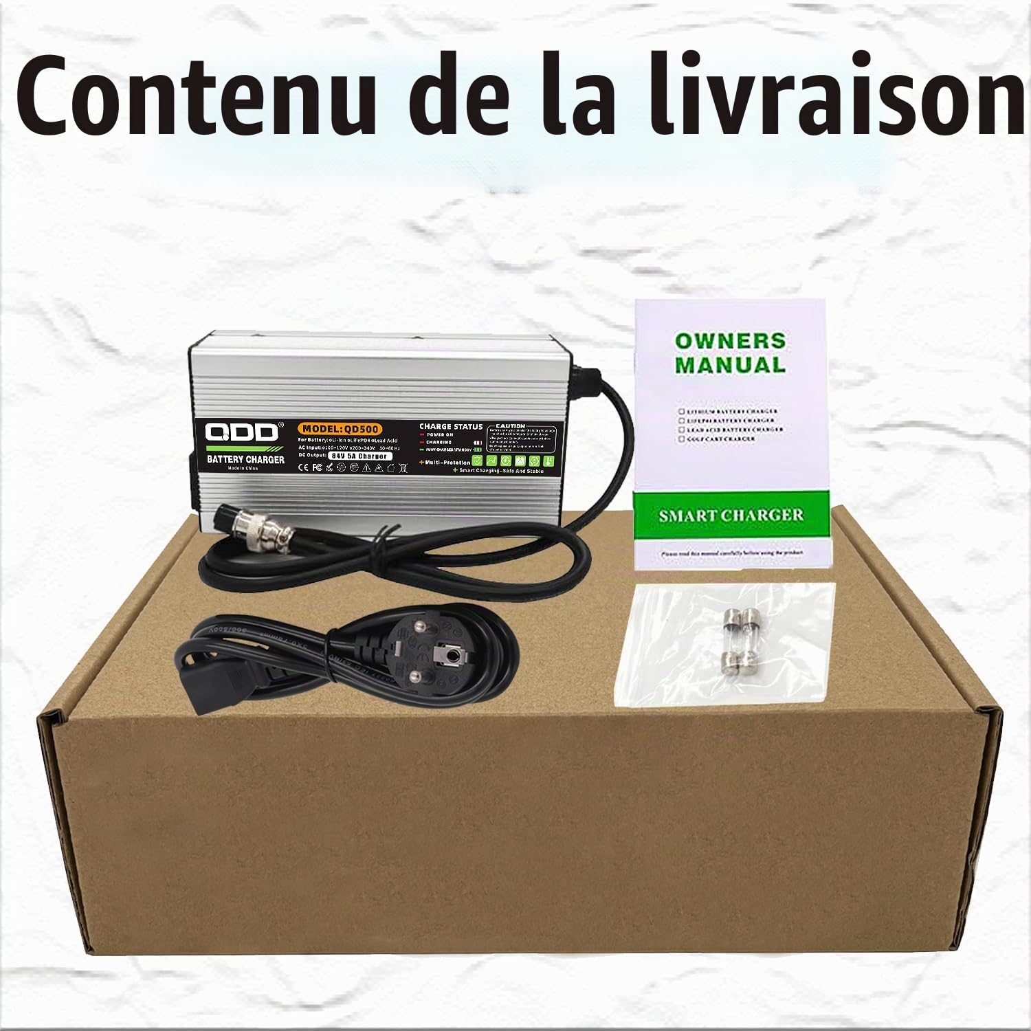 QDD Chargeur de batterie 84 V 5 A sûr et efficace, adapté pour les batteries au lithium 20S 72 V, avec ventilateur de refroidissement (GX16 1 + 3 connecteurs)