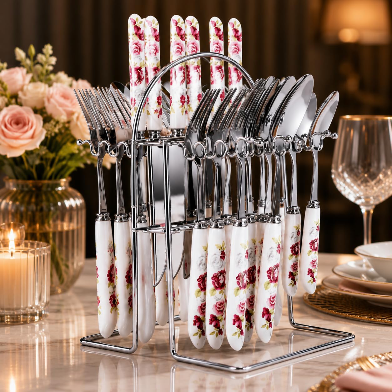 Stainless Steel Spoons, Forks & Knives Set of 24 with Stand and Ceramic Handle (Pink Rose) — Amazon image 4