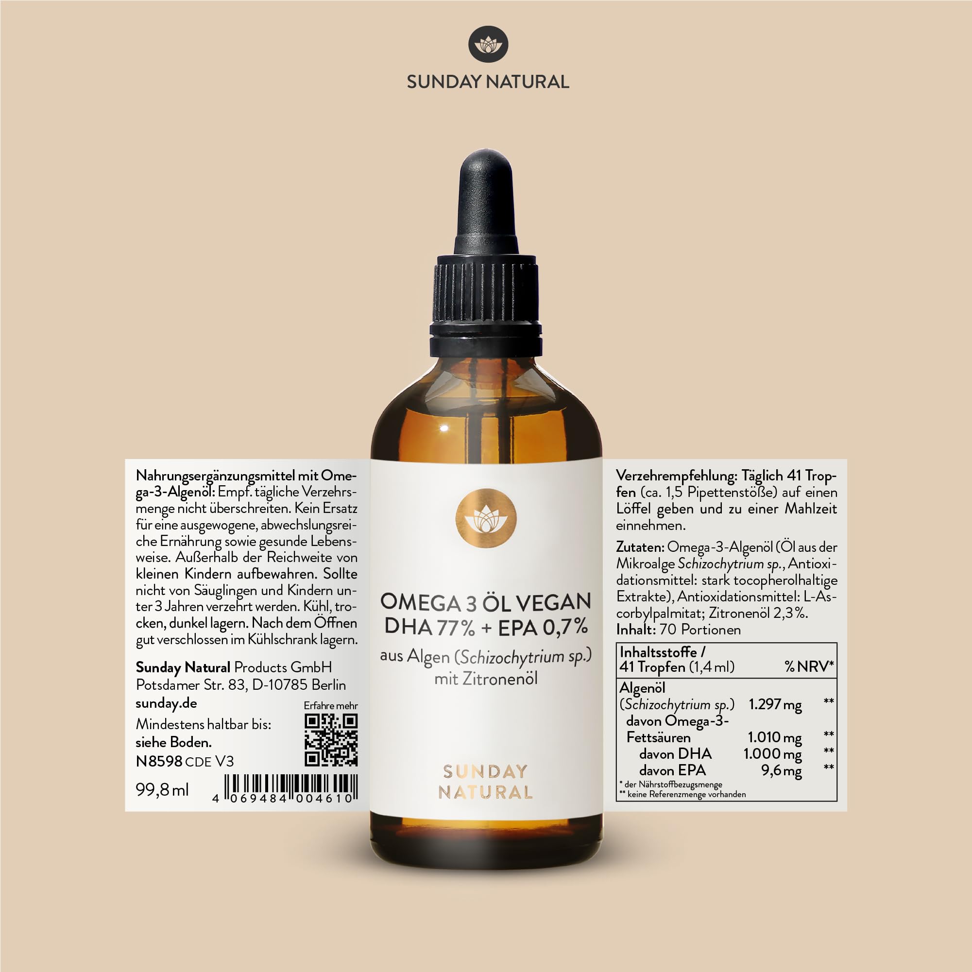 SUNDAY NATURAL® DHA Omega 3 Algenöl Vegan - Hochdosiert 1.000mg Omega 3 EPA DHA – 100ml – Natürlicher Zitronengeschmack – Triglycerid-Form – Laborgeprüft in Deutschland, ohne unnötige Zusätze