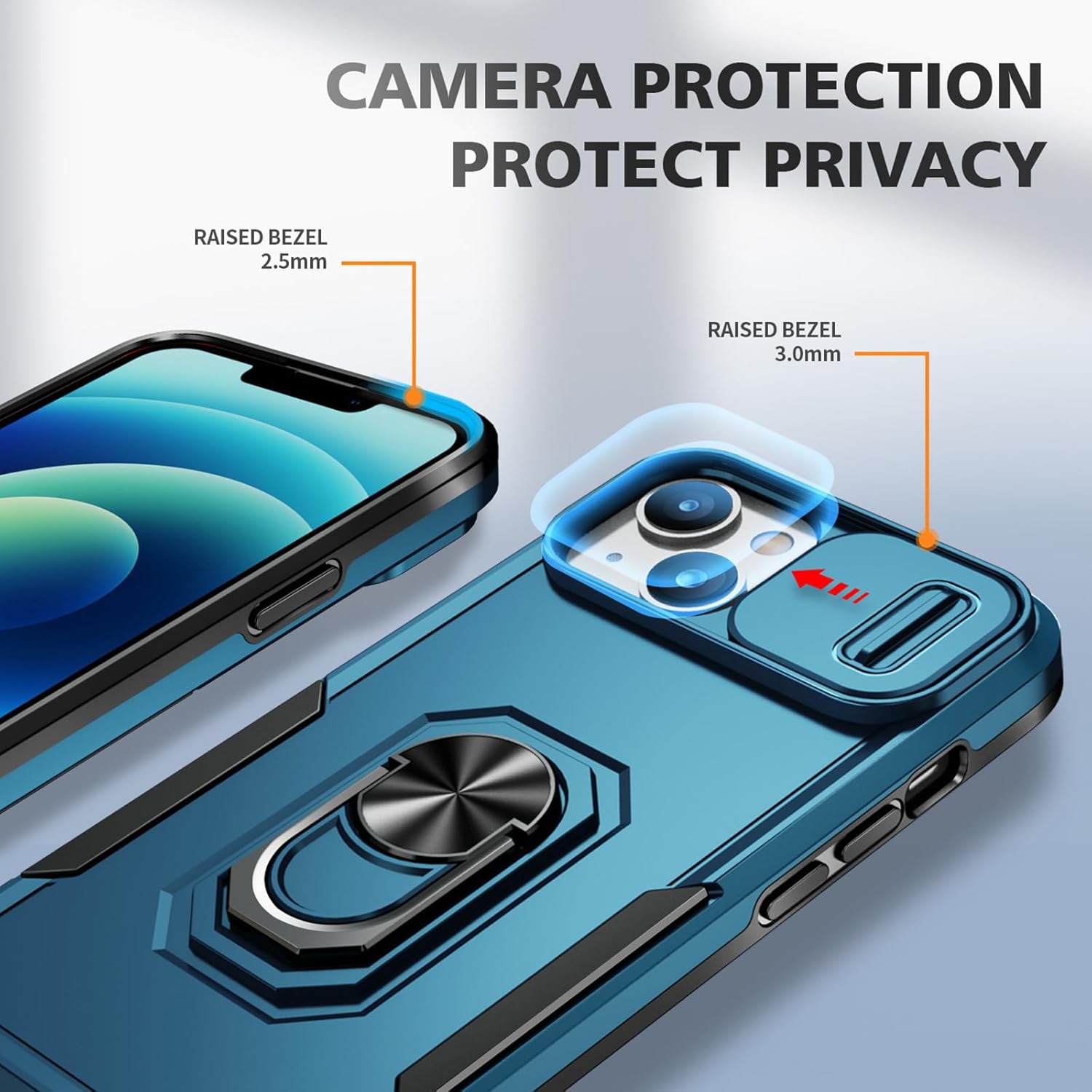 Phone Case for iPhone 14 Case with Kickstand Ring Holder, with Camera Cover, with Magnetic Car Mount Function, for iPhone 14 - Blue - Image 3