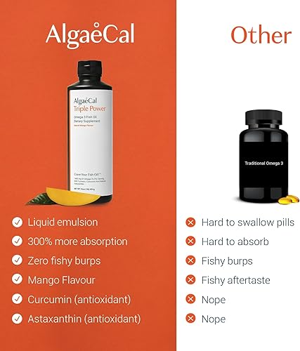 Vista 8 de ALGAECAL Triple Power 1200mg EPA & DHA Omega 3 Suplemento de aceite de pescado, apoyo al cerebro, corazón, piel y huesos, emulsión líquida sabor