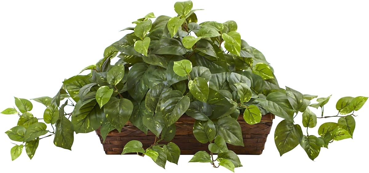 34 in Artificial Pothos Ivy Plant with Ledge Basket | Faux Trailing Cascading Greenery, Brown Ledge Basket included, Ideal Table Setting or Centerpiece, Indoor Home Decor