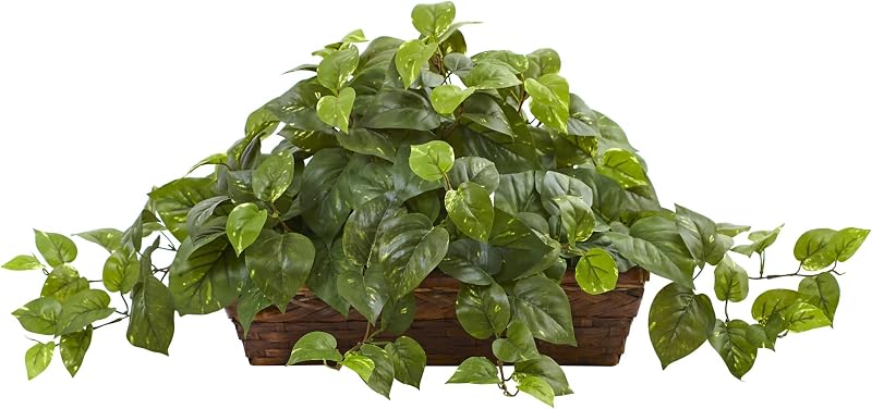 34 in Artificial Pothos Ivy Plant with Ledge Basket | Faux Trailing Cascading Greenery, Brown Ledge Basket included, Ideal Table Setting or Centerpiece, Indoor Home Decor