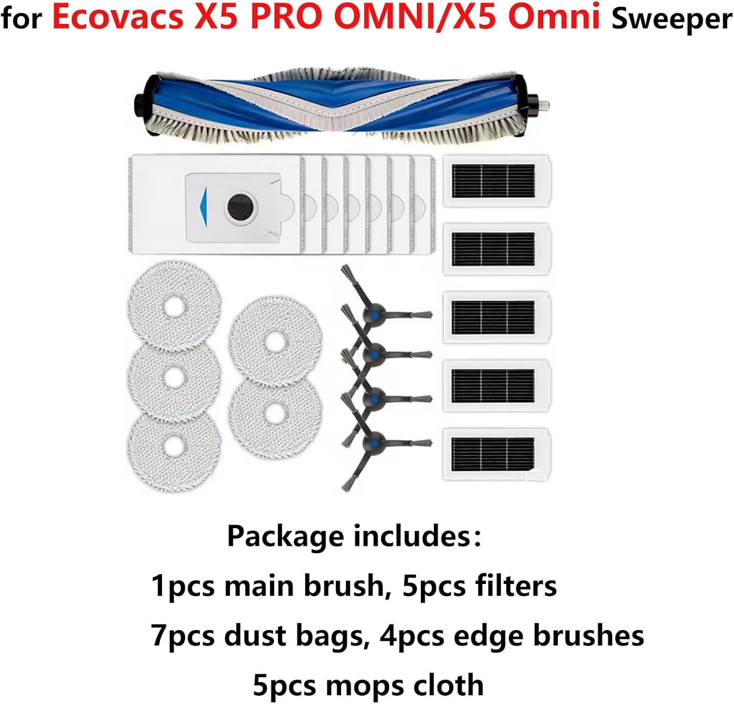 Main Roller Brush Hepa Filter Dust Bag Side Brush Mop Pads Cloth for Ecovacs X5 Omni/X5 PRO Omni Robot Vacuum Cleaner (Type 1)