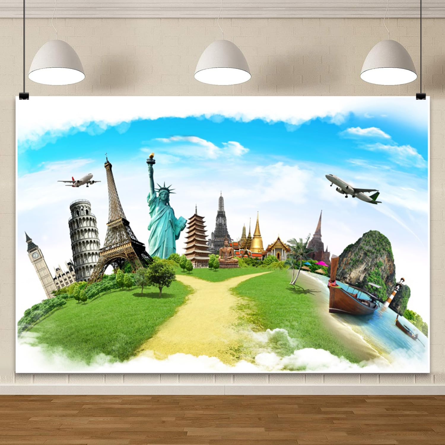 6x3m Zielony Globalny Tło Mapa Ziemi na całym świecie Słynny punkt orientacyjny Budynki Latające Świat Podróże Tło Fotografia Dzieci Dorośli Portret Photoshoot Rekwizyty