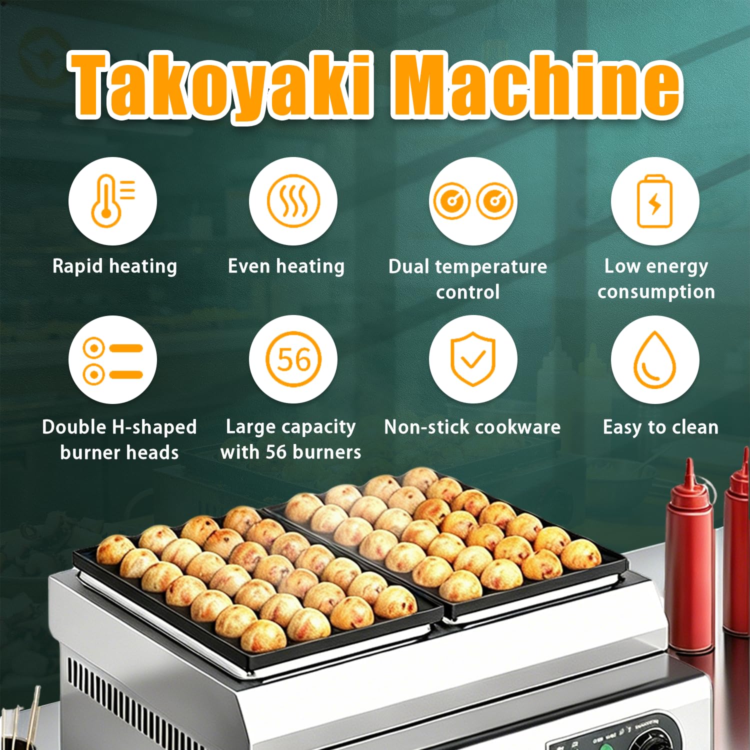 Macchina per Takoyaki a Doppia Piastra, 56 Fori, Professionale, con Controllo Indipendente della Temperatura e Piastra Antiaderente da 4200 W per attività Commerciali