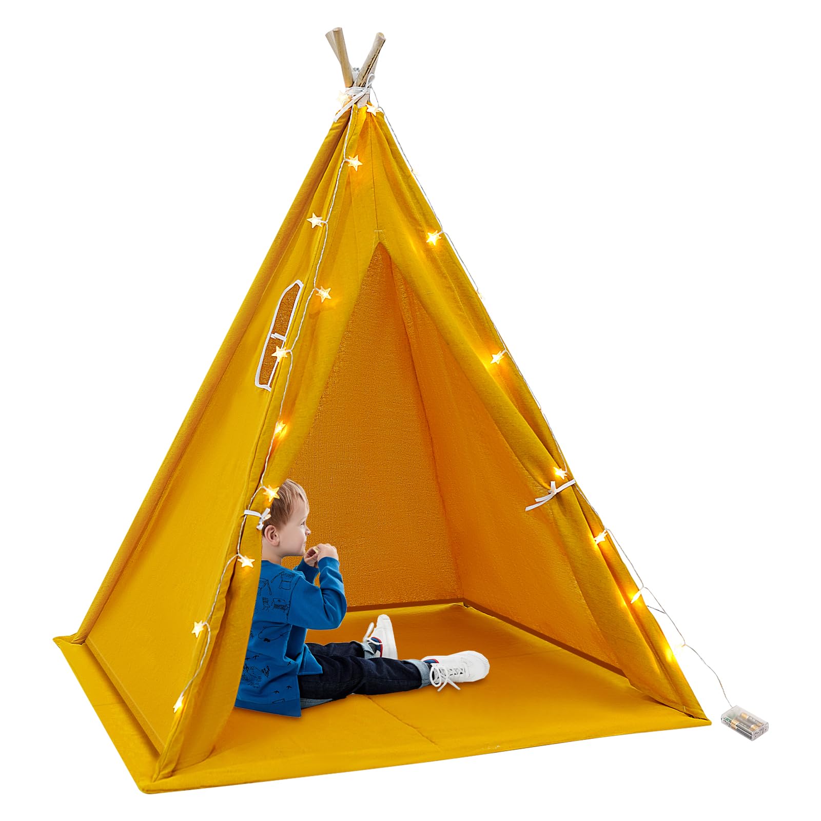 Tente tipi pour enfants, tentes pour enfants en coton 120 * 120 * 140 cm, tente de jeu pour chambre d'enfant avec guirlande lumineuse et tapis, tente teepee pour enfants pour 1-3 garçons et filles