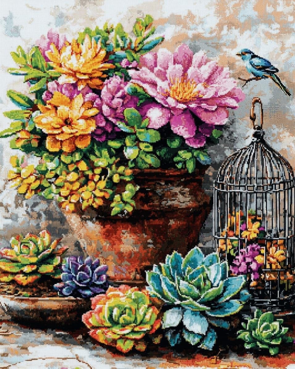 WallustrioaW Embroidery Kit for Beginners,Succulents and birdcages,Cross Stitch Kit with Pattern and Instructions,11CT Hand Crafts Embroidery for Adults,40x50cm
