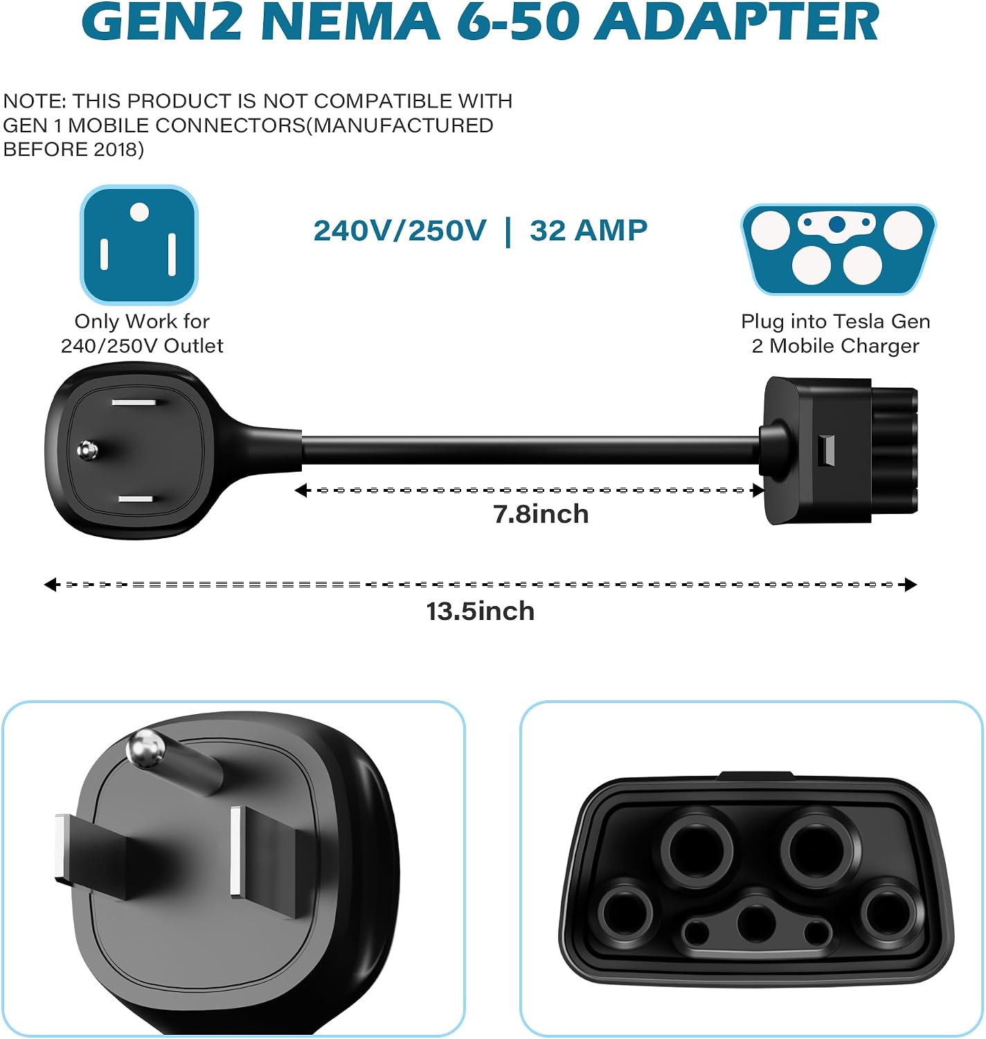 HiFind NEMA 6-50 Adapter for Tesla Gen 2 Mobile Charger 1 Ft, Connect Tesla Portable Charger to 6-50 Plug 240/250V Outlet 32 Amp Fast Charging for EV, Model S/3/X/Y, Safe & Durable, ETL, Black