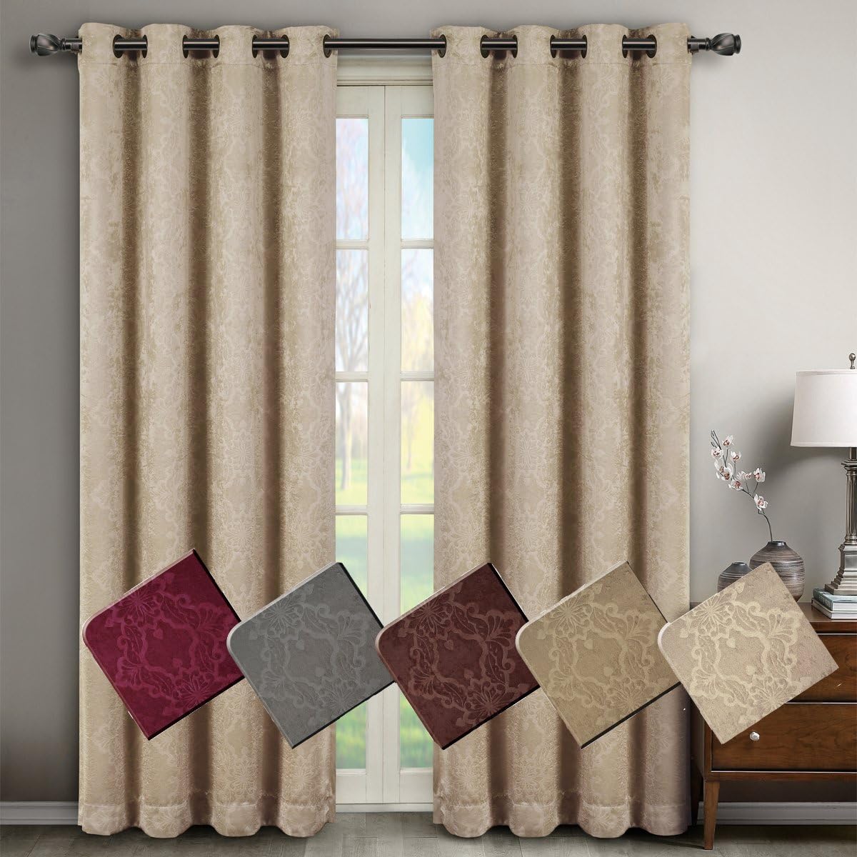 Royal Hotel Bedding Bella Gray Grommet Blackout Weave Embossed Window Curtains Drapes, Pair/Set of 2 Panels, 52x63 inches Each