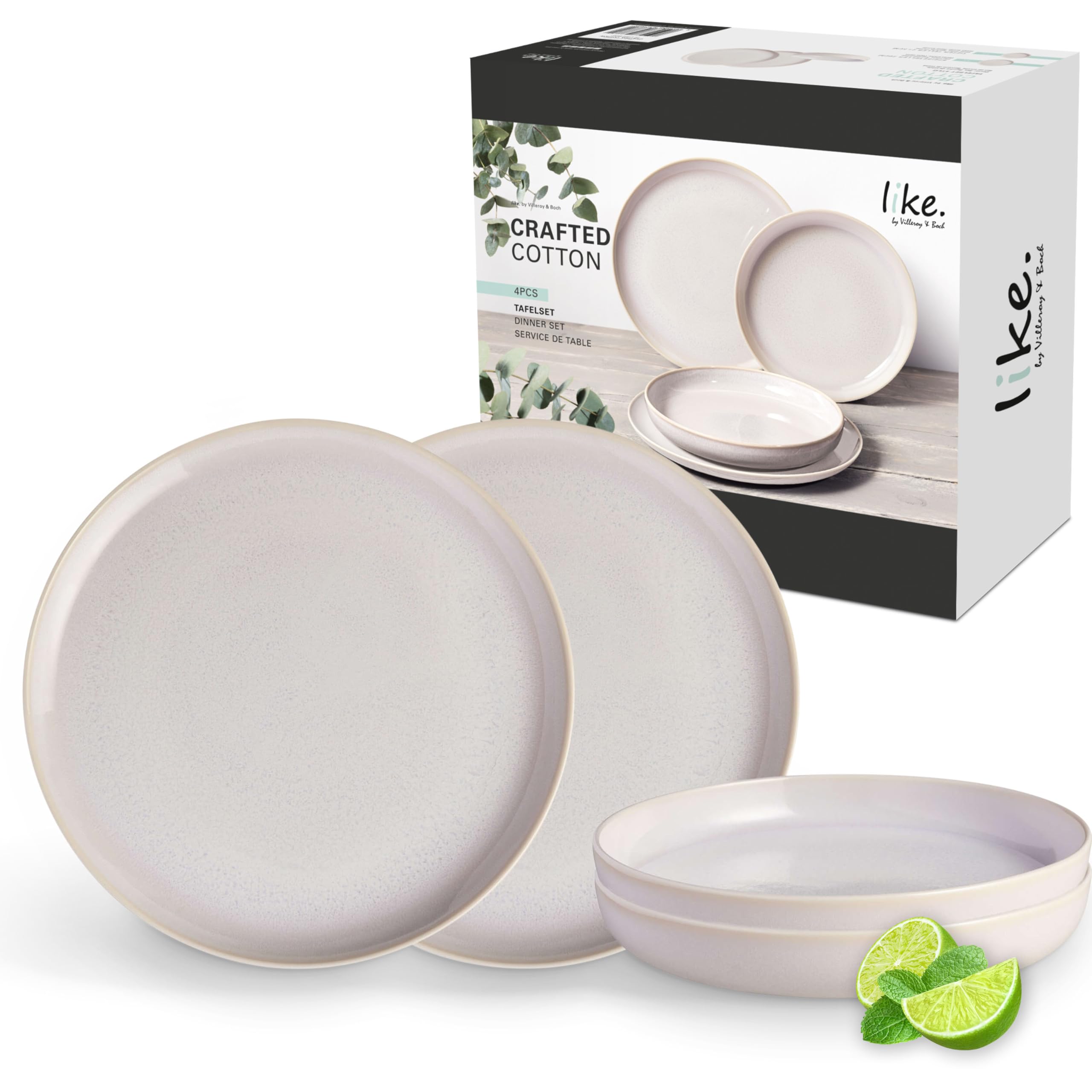 like. by Villeroy & Boch – Crafted Cotton Dinner-Set 4 teilig Weiß, Spülmaschinenfest, Mikrowellensicher, Geschirrset, Tafelservice Modern, Speiseteller, Tiefe Teller, Pottery-Look, Premium Porzellan