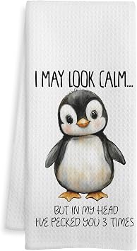 Funny Penguin Gifts Kitchen Towels, Penguin Gifts for Women Men Dish Tea Towel, I May Look Calm Humorous Hand Towels for Bathroom Decor, Funny Sarcastic Gifts, 16x24 Inch