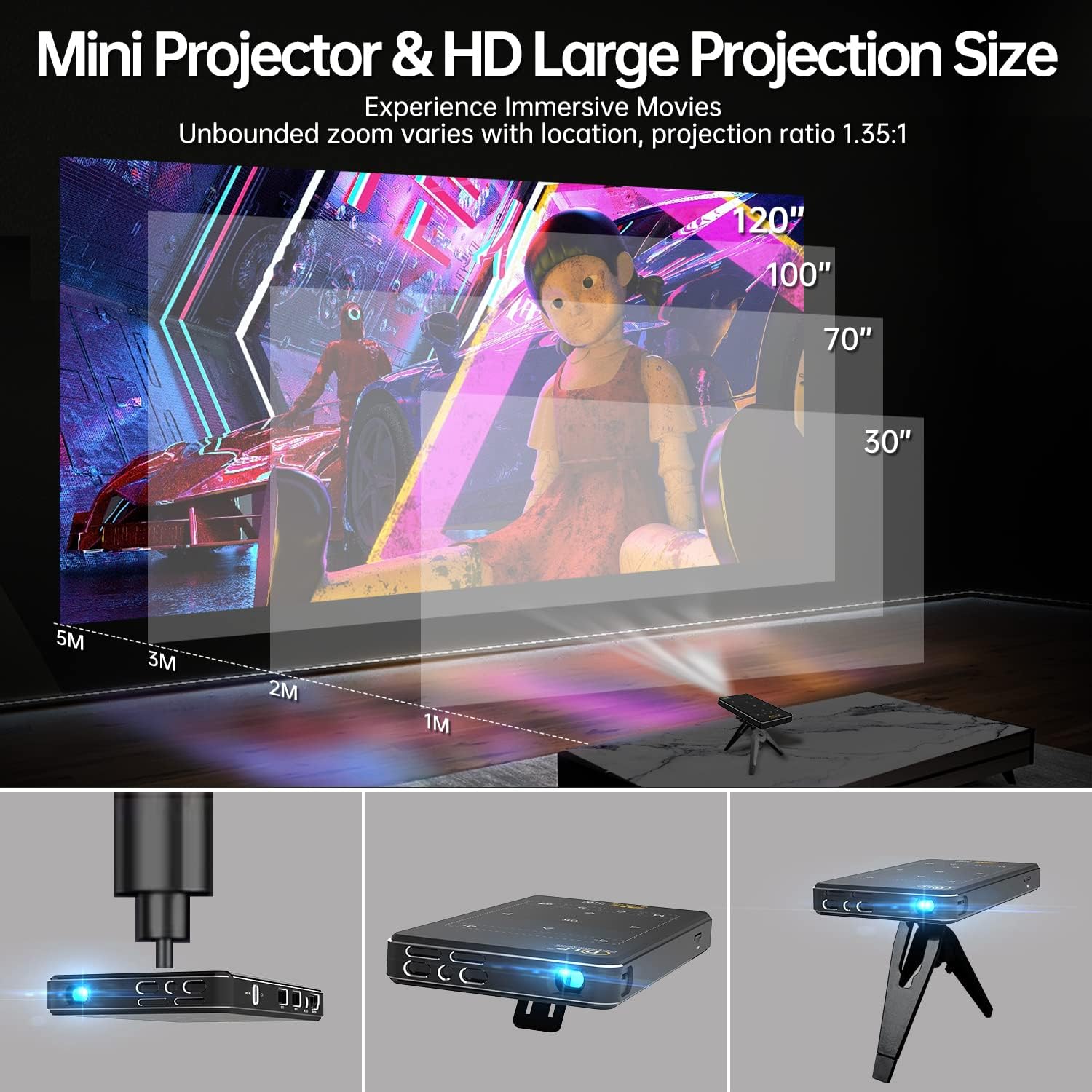 Diagram illustrating various projection sizes (30, 70, 100, 120 inches) at different distances from the screen, with the projector shown on a tripod.