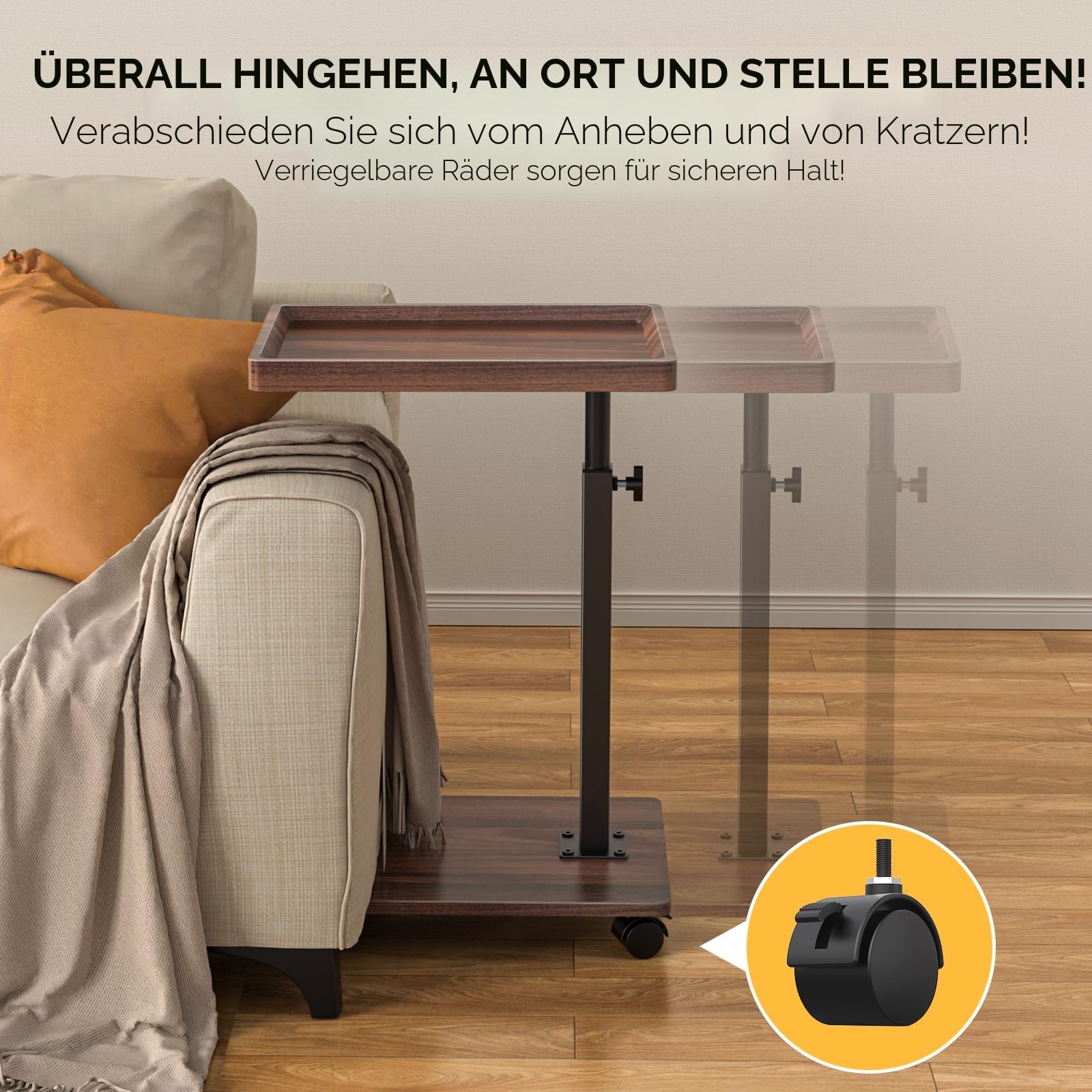 XNSDXV Beistelltisch mit Rollen, Beistelltisch Höhenverstellbar haben 360° Rotierend, C-Form Sofa Tisch fürs Wohnzimmer, Schlafzimmer, Kleiner Couchtisch für Sofa, Couch, Kaffee (Nussbaum)