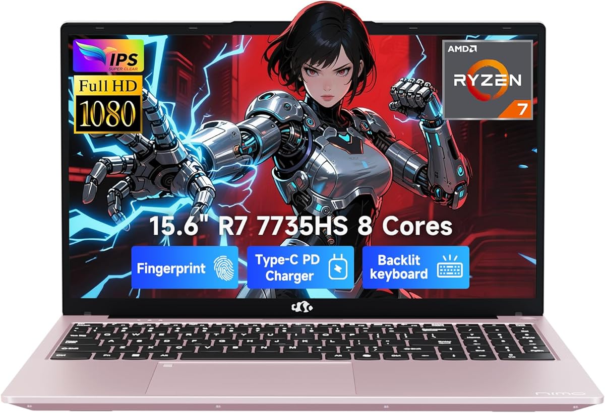 NIMO 15.6" IPS FHD-Gaming-Laptop, AMD Ryzen 7 7735HS 32GB DDR5 RAM 2TB SSD (Beats i7-12650H, 8C/16T, Up to 4.75GHz) Computer with Radeon 680M Graphics 100W Type-C Backlit Keyboard Fingerprint : Electronics