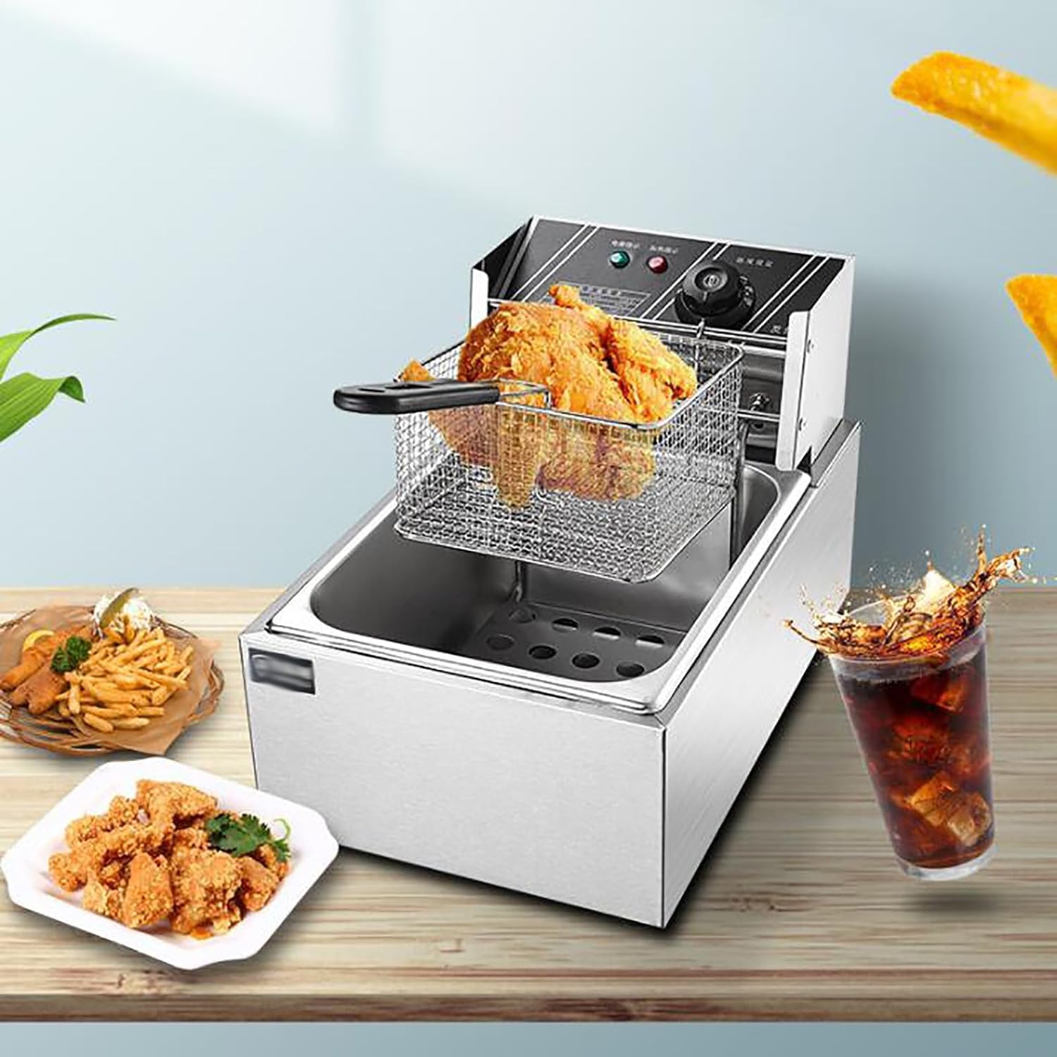 Friggitrice professionale, friggitrice elettrica con cestello, friggitrice elettrica da banco in acciaio inox con temperatura regolabile per uso domestico commerciale, friggitrice a vasca singola da