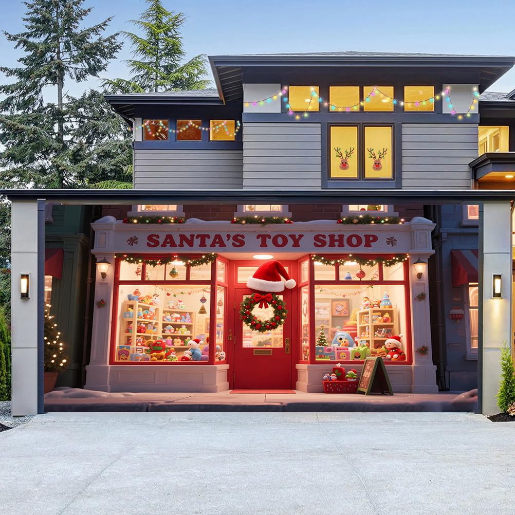 Christmas Garage Door Cover Decorations Outdoor Large Garage Door Banner Christmas Backdrop Decoration for Home Wall Window Patio Yard Outside,Santa'S Toy Shop,6.5 * 5FT
