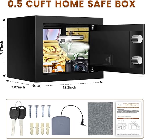Miniatura 7 de Caja fuerte ignífuga pequeña de 0.6 pies cúbicos para uso doméstico, caja de seguridad digital para el hogar con cerradura de combinación y llaves