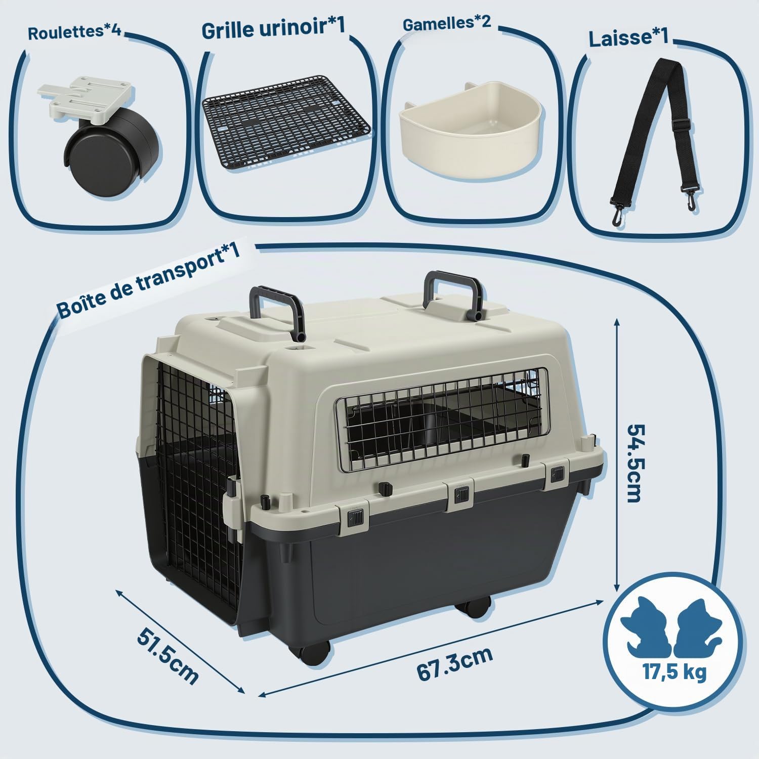 Cage de transport pour animaux de compagnie en PP avec porte et fenêtre en métal, poignée de transport et laisse, 67,3 * 54,9 * 51,5 cm avec 4 roues, cage de transport pour chats et chiens