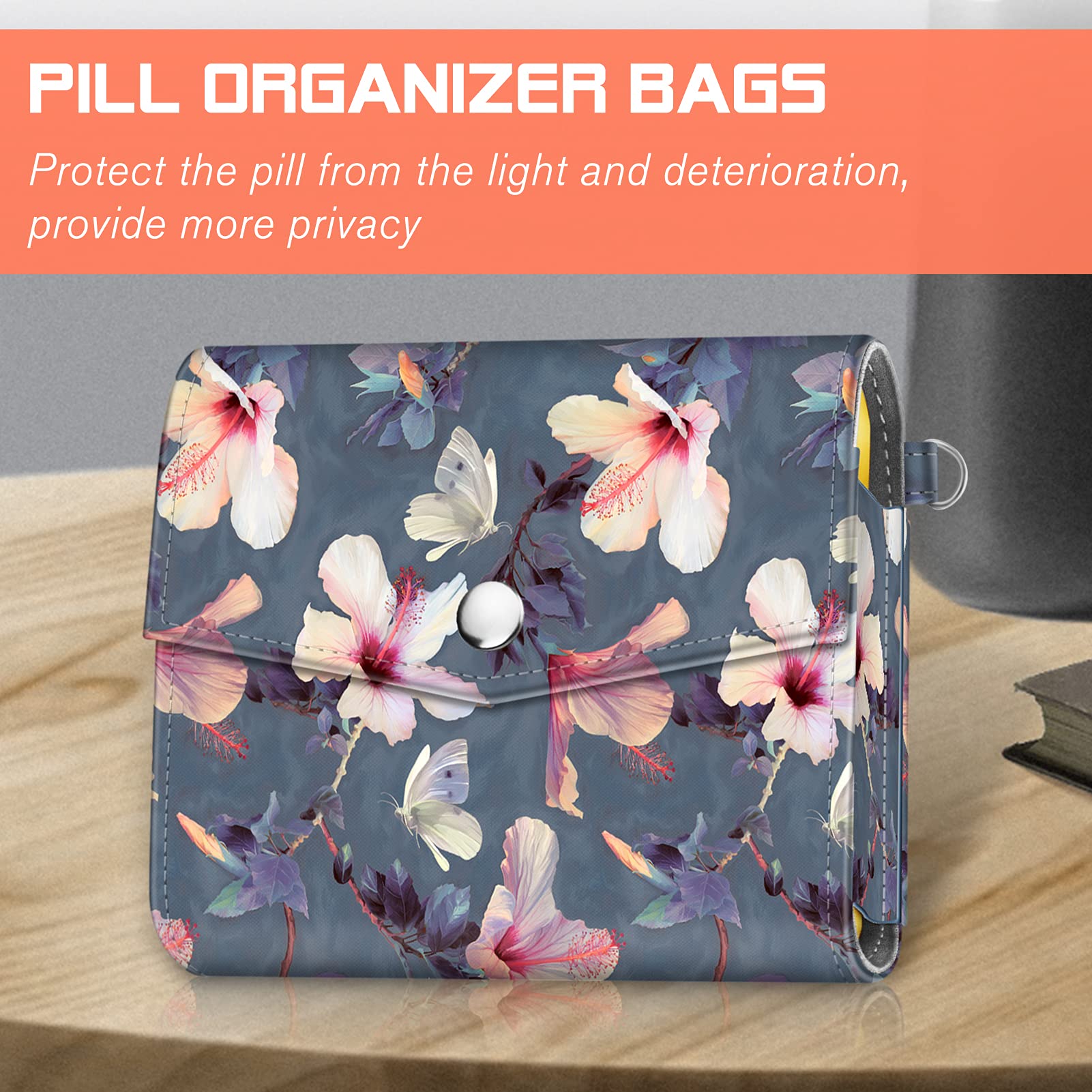 FINPAC Pilulier hebdomadaire avec sacoche en cuir PU, 7 Jours 4 fois par jour Organisateur de pilule de voyage avec carte Nom pour Matin Midi Soir Coucher pour pour vitamines, médecine, Fleur Hibiscus