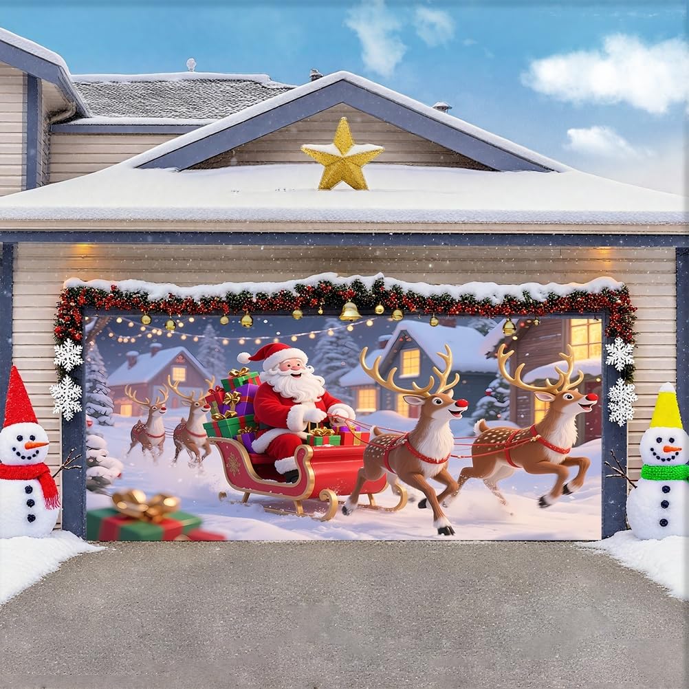 Zfflyh Snow Reindeer Christmas Garage Door Cover Large Garage Door Banner Christmas Decoration Backdrop For Holiday Party Indoor Outdoor House Decoration,,8X7ft
