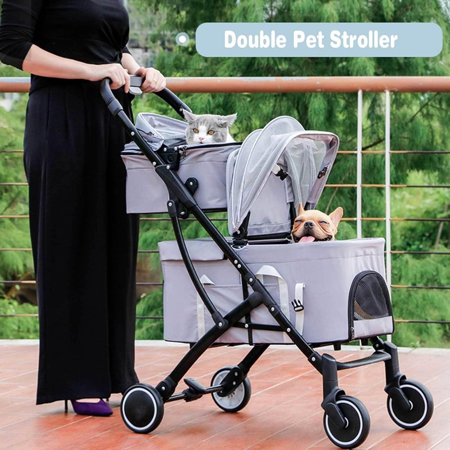 Double Pet Stroller for 2 Small Dogs or Cats, Lightweight Foldable Design with Detachable Carrier, for Travel, Camping, Shopping, Walking – Grey, 3-in-1 Versatile, Durable(Blue) (Gray)